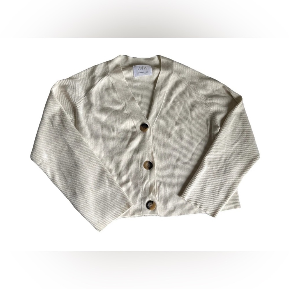 Zara Girls 13-14 Cropped Cardigan Ribbed Ivory Button Front V-Neck Knit Stretch